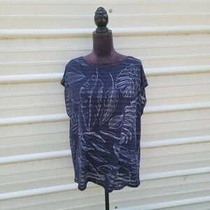 Gap Top Blouse Womens Tropical Leaf Sleeveless Navy Blue White Sheer Sz XL